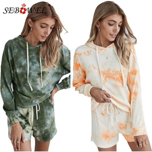 SEBOWEL Autumn Womens Tie Dye Print Two Piece Outfits Casual Female Long Sleeve Hooded Sweatshirt + Shorts Tracksuit Clothing