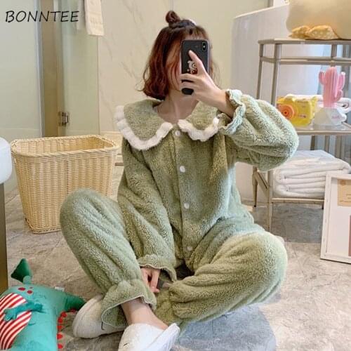 Pajama Sets Women Thicker Winter Home Simple Turn-down Collar Top Solid Trousers Warm Leisure Ulzzang Comfortable Prevalent New