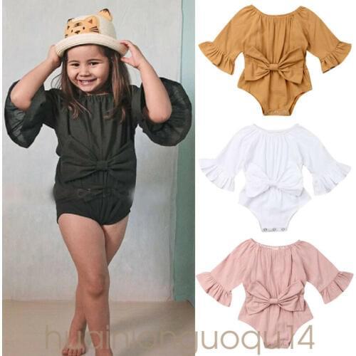 PUDCOCO Newborn Baby Girls Clothes Long Sleeves Cotton Casual Bodysuit Summer Solid Bow Kids Girl Outfit 0-24M