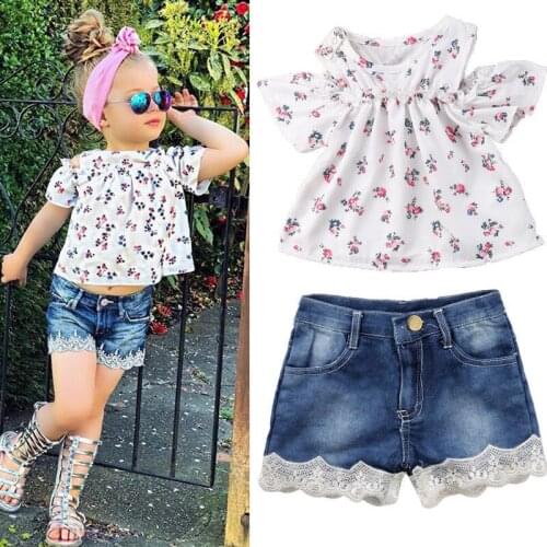 PUDCOCO Toddler Kid Baby Girl Off Shoulder Tops Floral T-shirt Denim Short Jeans Girls Summer Beach Outfit Set 1-4T