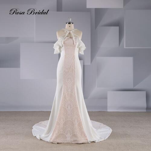 Rosabridal Mermaid Wedding Dresses Cap Sleeve Halter neck Lace Mermaid Bridal Gown