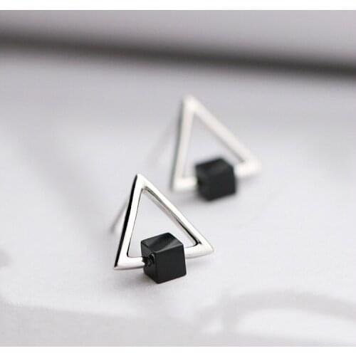 925 Sterling Silver Black Square Hollow Triangle Stud Earrings For Women Gift Hypoallergenic Sterling-silver-jewelry