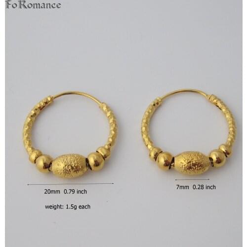 FoRomance TWO STYLES WIDTH 20MM 0.79 inch CUTE CARVED PLAIN BEADS ROUND SHAPED YELLOW GOLD GP FILLED OVERLAY HOOP EARRING
