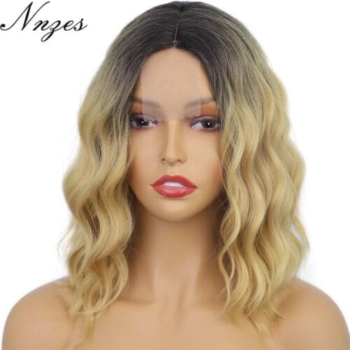 NNZES 12inches Short Wavy Ombre Blonde Synthetic Wig for Black Women Middle Part Wig Heat Resistant Fiber
