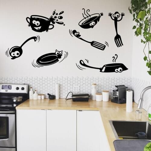 Funny Cartoon Kitchen Utensils Wall Vinyl Sticker Decal Murals Wall Kitchen Decoration Removable A001766