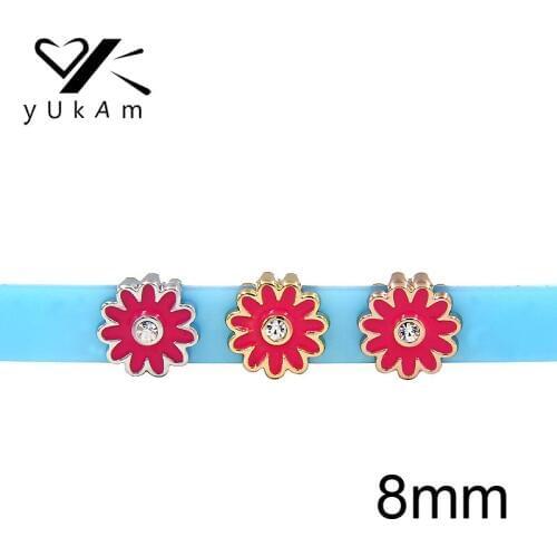 YUKAM Jewelry 8mm Sliders Rhinestone Sun Flowers Enamel Daisy Sunflower Slide Charms Keeper for Bracelets DIY Accessories Making