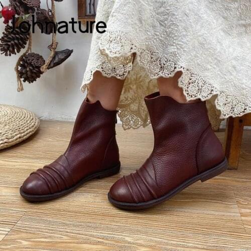 Johnature Women Boots Genuine Leather Ankle Shoes Zip Round Toe Flat With 2021 New Sewing Leisure Handmade Retro Platform Boots