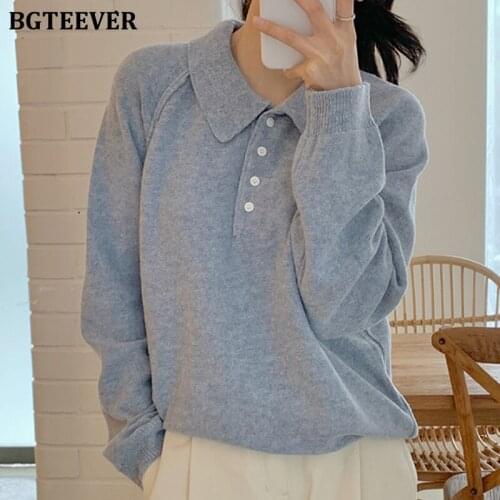 BGTEEVER Casual Turn-down Collar Buttons Women Knitted Pullovers Autumn Winter Long Sleeve Loose Female Solid Sweater Tops 2020