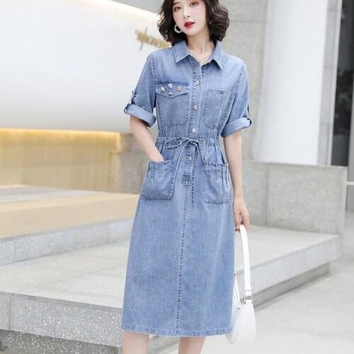 Denim Dress Womens 2021 Summer New Vintage Korean Style Elegant Office Lady Concise Turn-Down Collar Pockets Fashion Dress