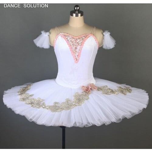 White Velvet Bodice Pleated Tulle Tutu V-neck Applique Pancake Tutus for Women Girls Ballerina Professional Costumes BLL078