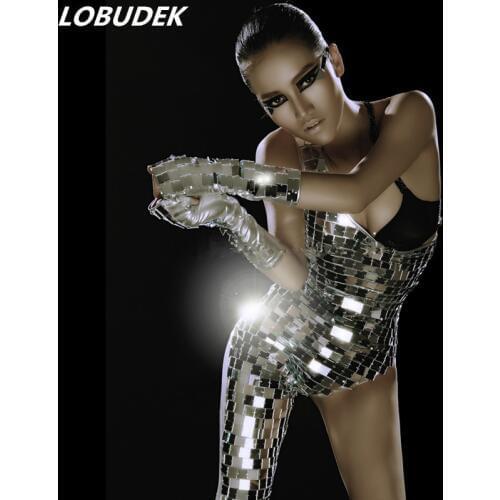 Sparkly Mirror Jumpsuit Reflector Silver Sequins Jumpsuit Sexy Bar DJ Female Singer DS Costume Dancer Nightclub Luxurious Outfit