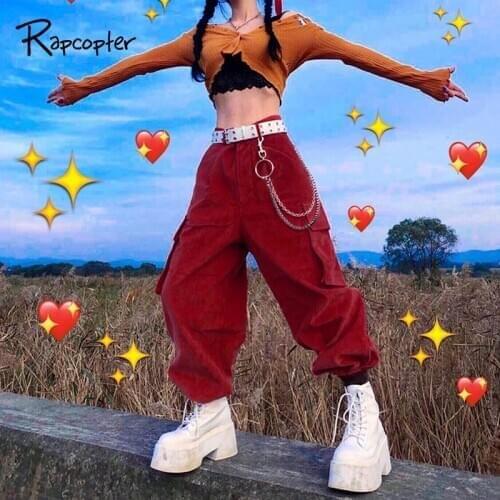 Rapcopter Y2K Red Pants Big Pockets Trousers Chain Zipper High Waist Cargo Pants Retro 90S Fashion Streetwear Women Autumn Pant
