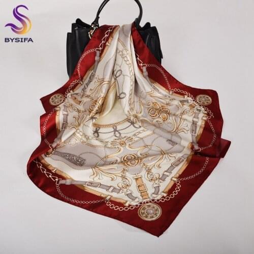 BYSIFA| Pure Silk Ladies Square Scarves Printed Fall Winter Women Elegant Natural Silk Scarf Fashion Hairband Wine Red 70*70cm