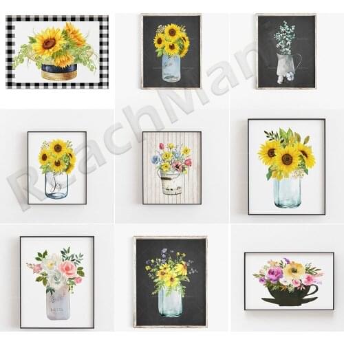 Farmhouse floral wall art, spring flowers in buckets, daisy bouquets in mason jars, spring decorations farmhouse walls French co
