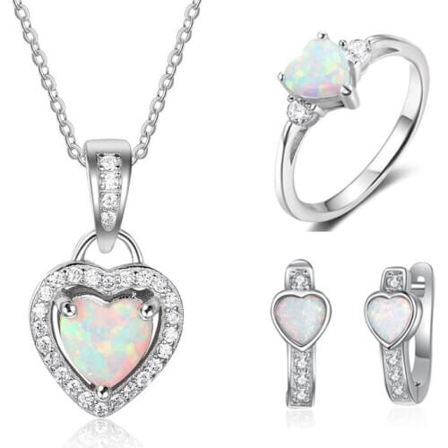 Women 925 Sterling Silver Bridal Wedding Jewelry Sets Heart White Opal Necklaces Rings Earrings Set Valentines Day Gifts
