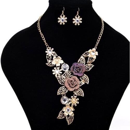 Women Rhinestone Inlaid Hollow Leaf Flower Pendant Earrings Necklace Jewelry Set