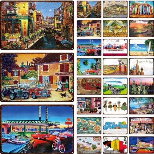 Small Town Natural Scenery Metal Plaque Summer Seaside Travel Surfing Tin Sign Retro Decorative Iron Poster 20*30 Cm