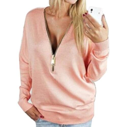 Fashion women Spring Autumn T-shirt Casual Solid Color Zipper V Neck Long Sleeve Cotton Pullover shirt tee women