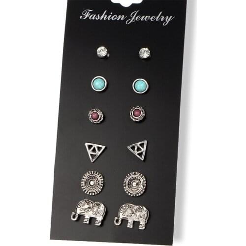 Fashion earrings, round totem earrings, punk 6-pair earring sets and combination accessories