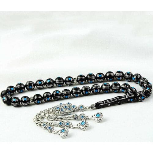 Sphere Cut Genuine Jet Rosary (Tasbih) with Chalchuite Inlays