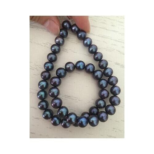 10-11mm round tahitian black green pearl necklace 18"14k