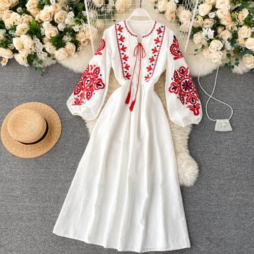 FTLZZ Summer New Women Ladies Floral Lantern Sleeve High Waist Slim Dresses Bohemian Embroidery Vacation Long Dress