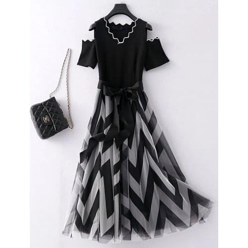 Large size strapless striped dress female Hepburn little black dress summer new style fashion stitching mid-length mesh dress
