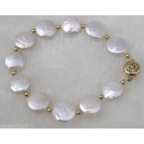 Genuine Charming 10-11mm White Button Coin Pearl White Bracelet 7.5" Pearl Bracelet