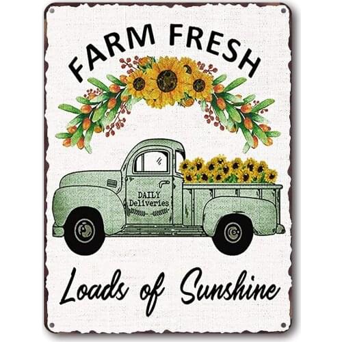 Vintage Sunflower Tin Signs Green Car Farmhouse Home Wall Decor Metal Signs 8x12 inch