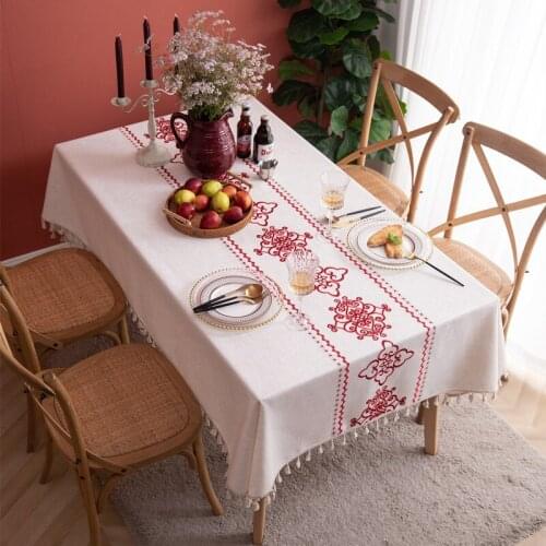 High-End Embroidery Tassel Tablecloth Japan Flowers Hem Cotton Linen Dining Table Cloth Mantel Mesa Washable Fabric Table Cover