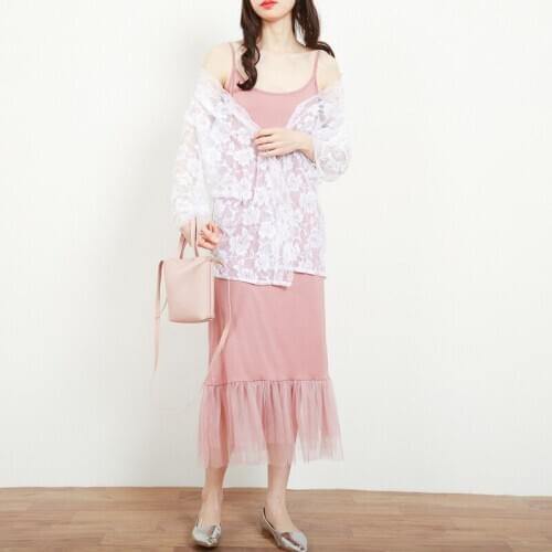 Pink nightdress bottoming dress spring and summer womens plus size slim fit lace mesh splicing modal camisole sexy ночнушка