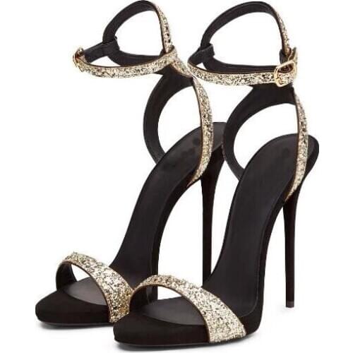 Dipsloot Summer Woman Sequins Buckle Strap Sandals Stiletto Heels 12 cm Sexy Party High Heel Dress Sandals Shoes Plus Size