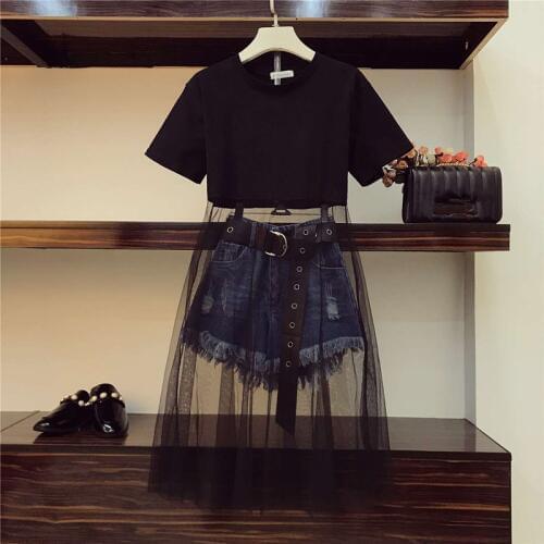 Luxury Quality 2020 Summer Women Mesh Patchwork Black Long T-shirt + Tassel Denim Shorts 2 Piece sets With Belt