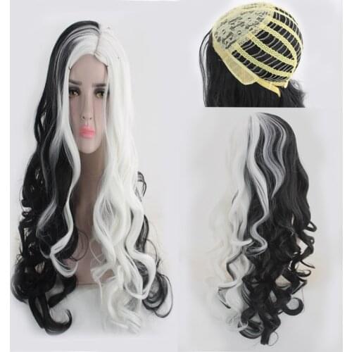 Anime Cruella de Vil Long Black White Wig Woman Curly Wave Wigs Retro Girl Cosplay Costume Movie Cruella Hair Halloween Party