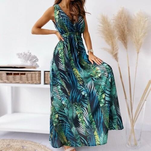 Women Elegant V Neck Sleeveless Dress 2021 Summer Halter Strap Printed Long Dress Fashion Lace-Up Slim Elastic Waist Party Dress
