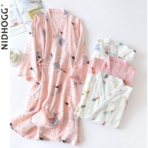 Womens Kimono Nightgown 100% Cotton Gauze Crepe Womens Robe Spring Thin Bathrobes Knitted Printing Sleepwear Long Sleeve Robes