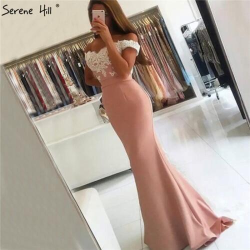 Pink Off Shoulder Mermaid Prom Gowns 2020 Sleeveless Sexy Handmade Flowers Prom Dresses Serene Hill BLA70058