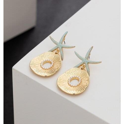 2021 New Arrival Bohemia Blue Enamel Ocean Starfish Conch Shell Stud Earrings Gold Color Jewelry Gift for Girls Children