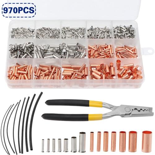 210/970PCS 1.-8mm Wire Joint Small Copper Tube Cold Pressed Copper Connecting Pipe w/ Plier Intermediate Joint Direct Connection