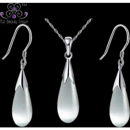 3 Sets /Lot 100% Real 925 Sterling Silver Water Drop Jewelry sets with Cats eye stone Necklace/Earrings Sets Wholesales Jewelry