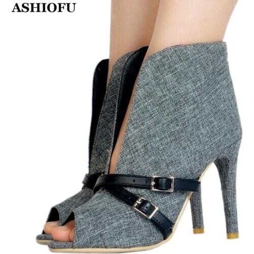 ASHIOFU New Arrival Handmade Ladies High Heel Pumps Denim Leather Party Prom Dress Shoes Peep-toe Evening Fashion Court Shoes
