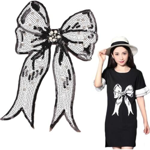 Large Bow Tie Sequin Beaded Embroidery Patches for Clothing Sew on Clothes T-shirt Appliques Badge Stripe Sticker Accessories