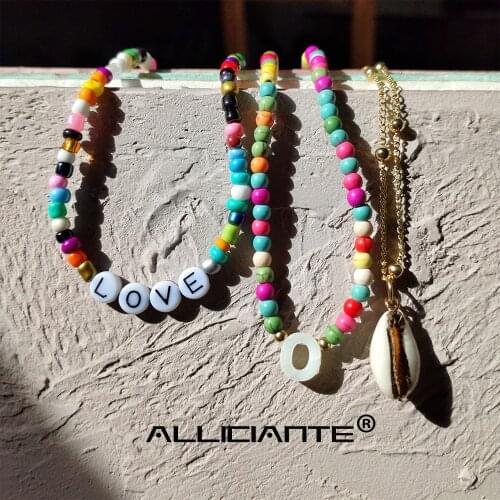 Multilayer Rainbow Initial Name Shell Pendant Turquoise Beaded Necklace For Women Rice Bead Letter Choker Exclusive DIY Jewelry