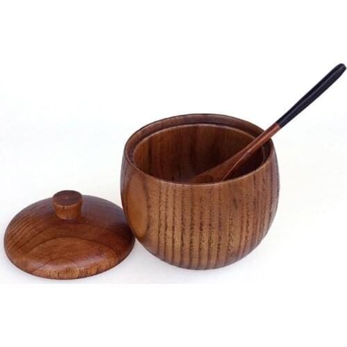 NEW Solid Wood Spice Jar Sugar Bowl Salt Pepper Seasoning Box Japanese Style With Spoon And Lid Kitchen Tool Drop Ship