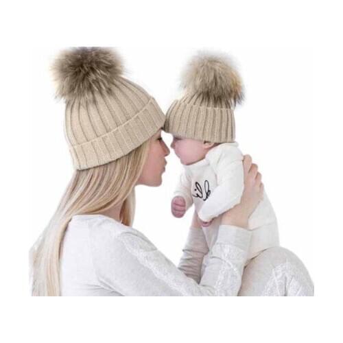 Parent Child Autumn and Winter Warm Hat, Korean Version of Fox Hair Ball Wool Hat. Thickened Warm Knitted Pullover Hat