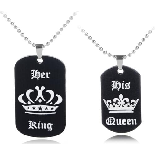 Her king his queen engraved letters black dog pet label necklace couple lover Valentines Day gift