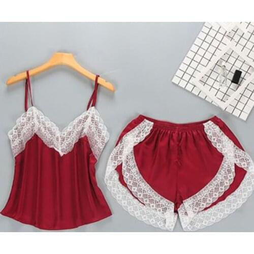 Summer Womens Sleepwear Set 2Pcs Sexy Lace Patchwork V-Neck Crop Tops Sleeveless + Mini Shorts Fashion Pajama Suit