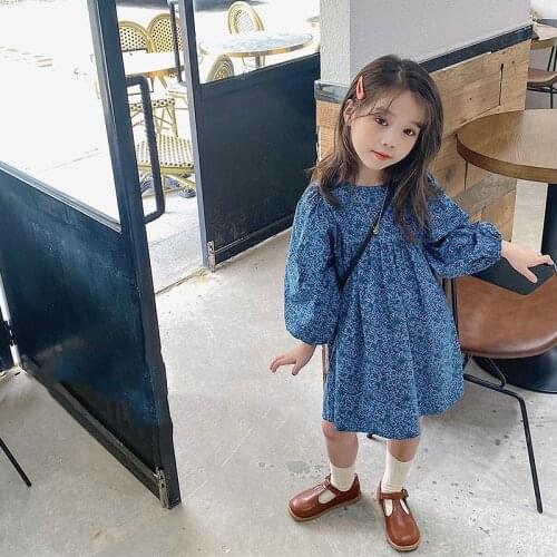 Blue Flower Print Girls Dresses Spring Autumn 2021 Long Puff Sleeve Cute Floral Dress 3-7 Years Kids Daily Wear Casual Clothes