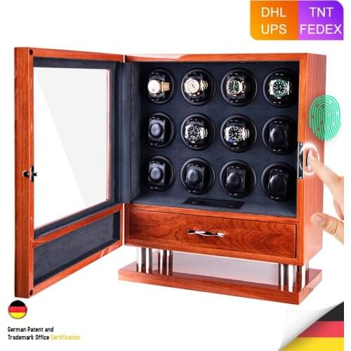 Fingerprint Unlock Automatic Watch Winder Solid Rosewood Quiet Smart Remote Control Touch Screen with Drawer 12 Wood Watch Box