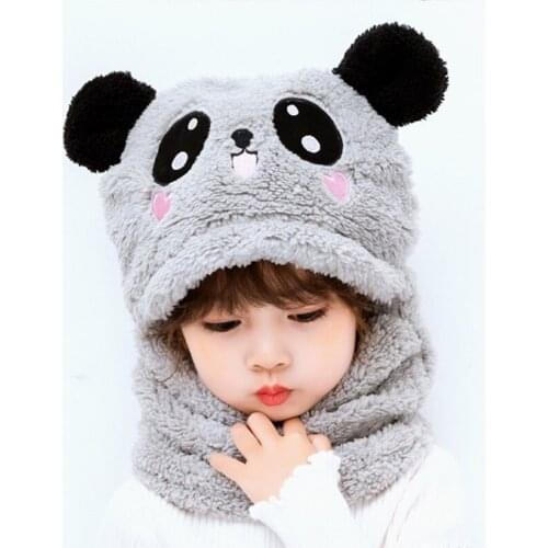 Winter Kids Hat Cartoon Panda Baby Hats With Ear Thicken Velvet Plush Children Cap Beanie Scarf Cute Full Cover Earflap Hood Cap